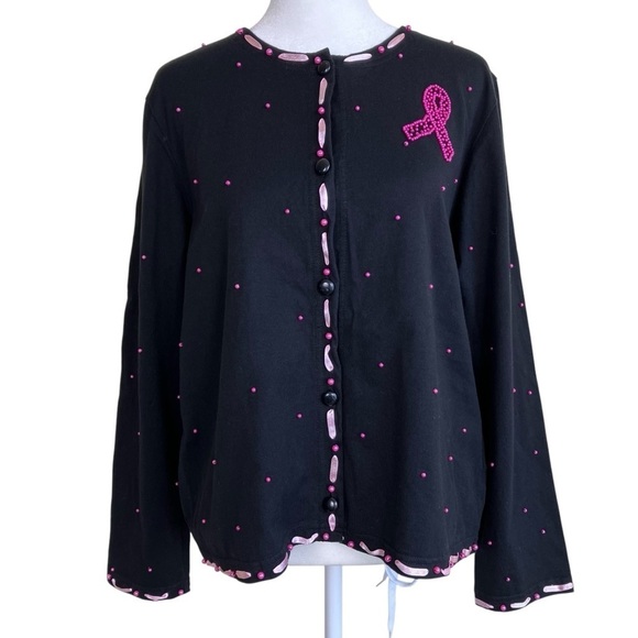 Michael Simon Event Breast Cancer Awareness Women's Black Cardigan Pink Ribbon L - Picture 2 of 16